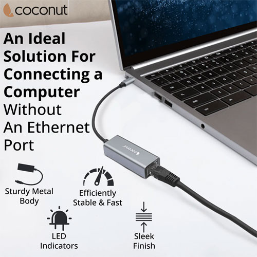 Coconut GLM02 Type C to Giga LAN, Metal Body, RJ45 to 1000Mbps Plug & Play, LED Indicators, Compact Design,