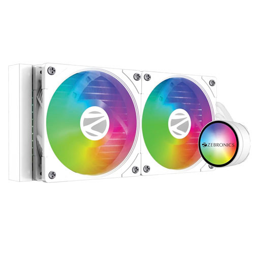 ZEBRONICS Aio240Aw - 240Mm Aio Liquid Cooler With Support Up To Lga1700 / Am5 Sockets, Anti Leak Design, Argb Sync, Braided Tubing, Fan Controller With Remote Control (White),Desktop